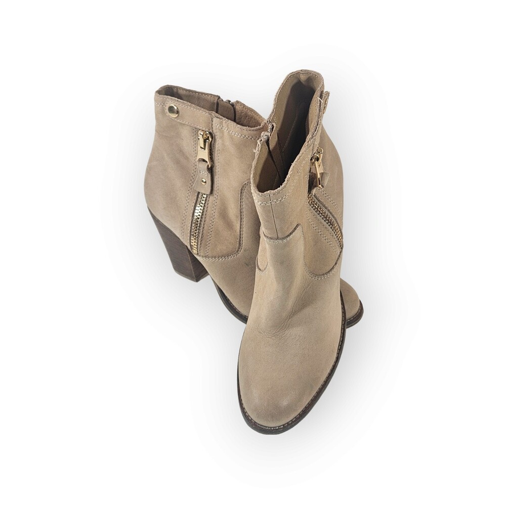 Aldo Booties Size 9 Tan Faux Suede Almond Toe Block Heel Zipper Button Accents